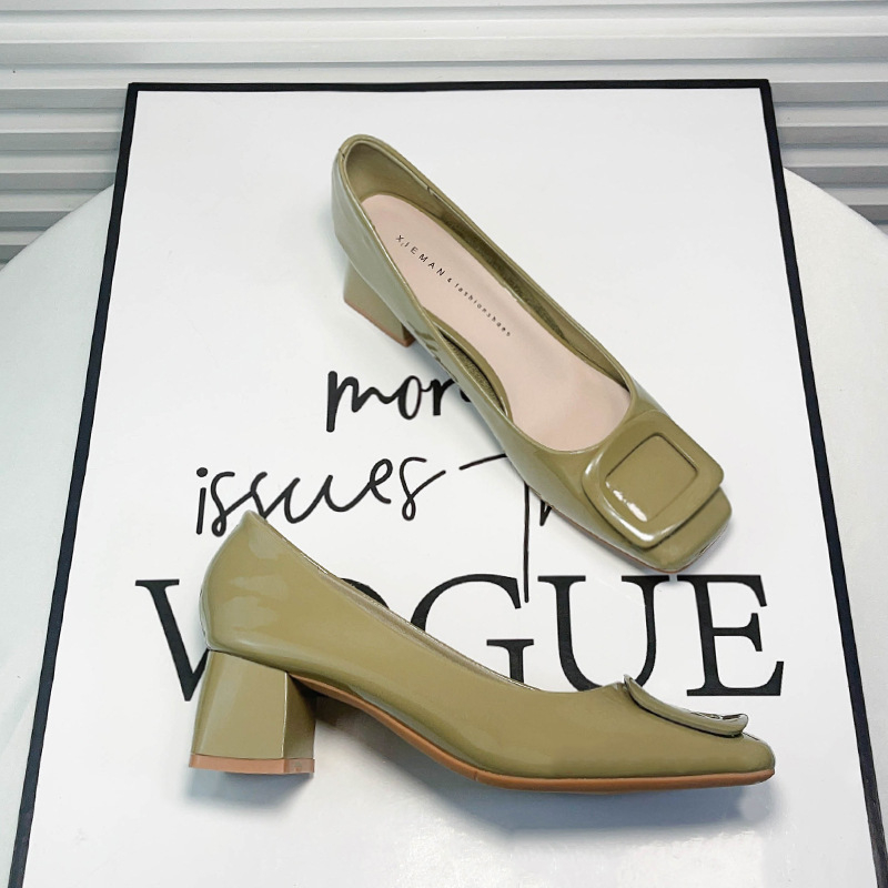 Loafers cu vârf pătrat, toc mediu 3–6 cm, talpă din cauciuc, tălpi PU