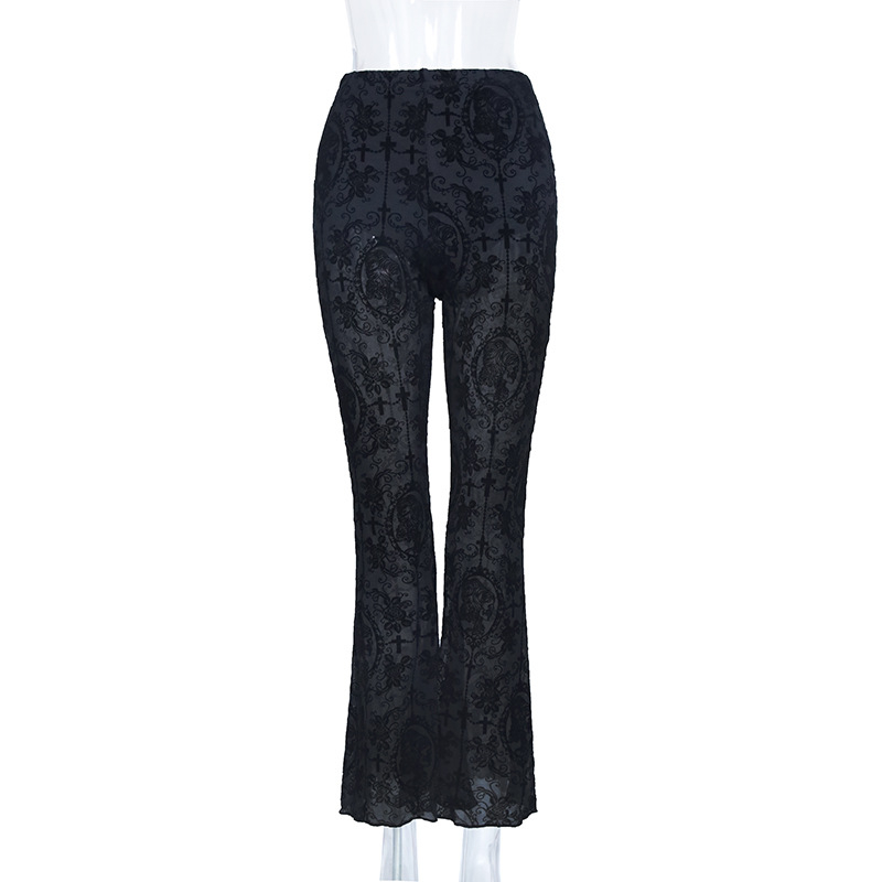 Pantaloni femei din dantelă cu talie înaltă – amestec ușor poliester-spandex, ușor evazați, vară 2025