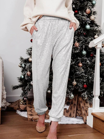 Γυναικείοι στενοί παντελόνες με παγιέτες και επένδυση, μεσαία μέση, λεπτό πολυεστέρας