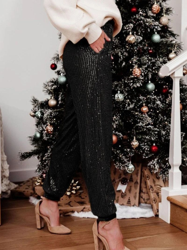 Γυναικείοι στενοί παντελόνες με παγιέτες και επένδυση, μεσαία μέση, λεπτό πολυεστέρας