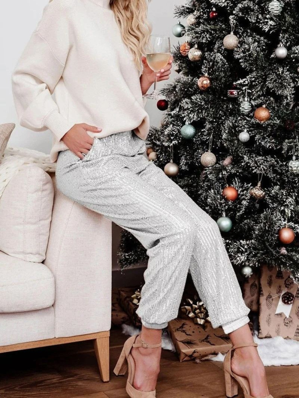 Γυναικείοι στενοί παντελόνες με παγιέτες και επένδυση, μεσαία μέση, λεπτό πολυεστέρας