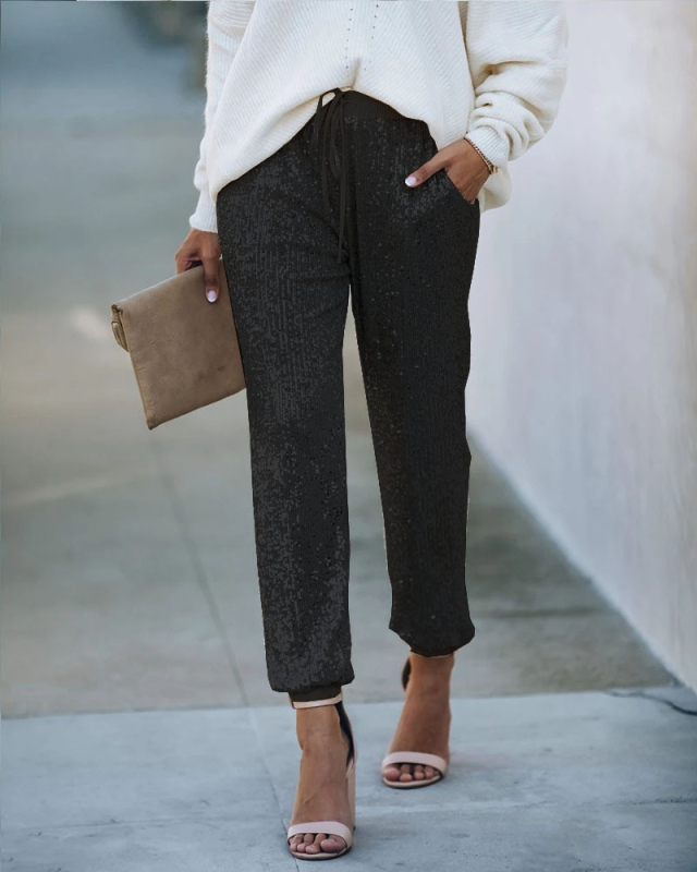 Γυναικείοι στενοί παντελόνες με παγιέτες και επένδυση, μεσαία μέση, λεπτό πολυεστέρας