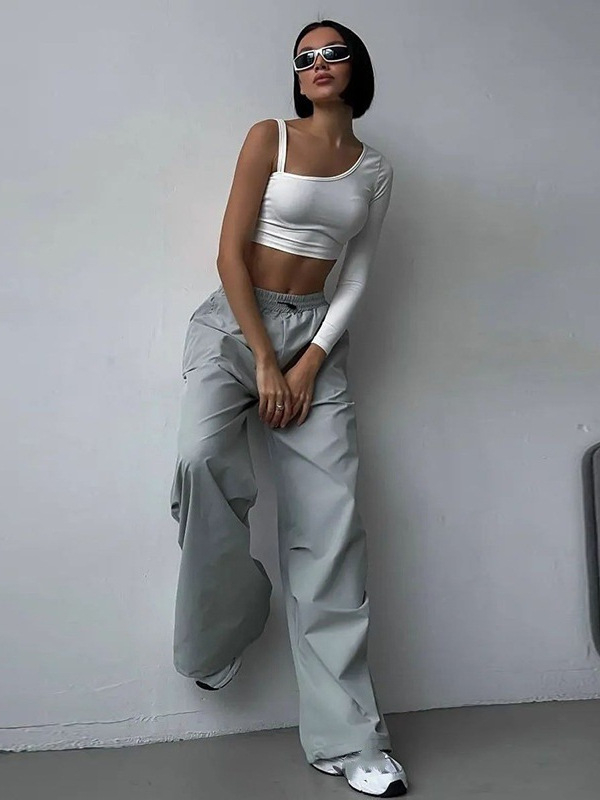 Pantaloni casual de damă în stil cargo, talie înaltă, talie elastică cu șnur, croială dreaptă, material poliester-spandex (90-95% poliester, 5-10% spandex)