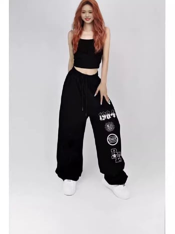 Pantaloni femei drepti, stil street hip-hop, talie înaltă, poliester