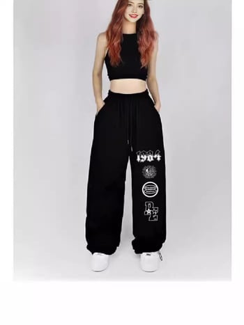 Pantaloni femei drepti, stil street hip-hop, talie înaltă, poliester