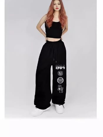 Pantaloni femei drepti, stil street hip-hop, talie înaltă, poliester