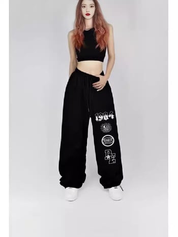 Pantaloni femei drepti, stil street hip-hop, talie înaltă, poliester