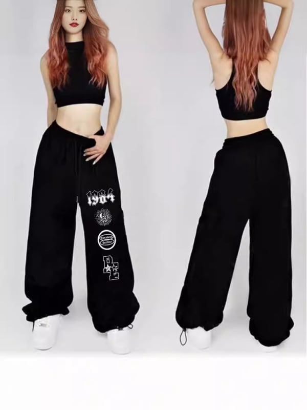 Pantaloni femei drepti, stil street hip-hop, talie înaltă, poliester