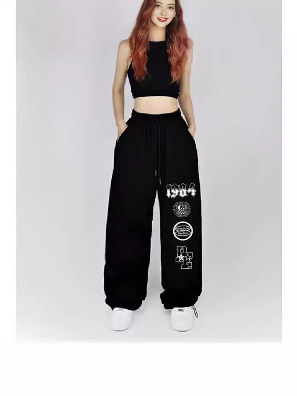 Pantaloni femei drepti, stil street hip-hop, talie înaltă, poliester