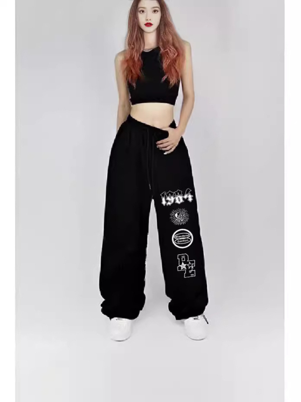 Pantaloni femei drepti, stil street hip-hop, talie înaltă, poliester