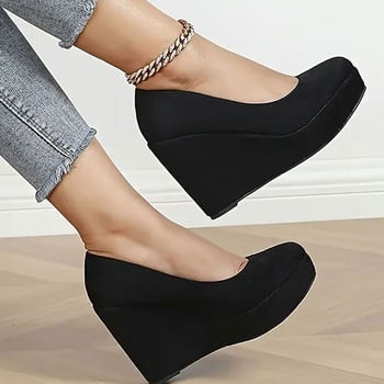 Moterų biuro bateliai su kašmyro-velouro viršutine dalimi, avies odos įdėklas, gumos padas, apvali nosis, klininė platforma