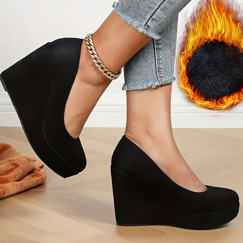 Moterų biuro bateliai su kašmyro-velouro viršutine dalimi, avies odos įdėklas, gumos padas, apvali nosis, klininė platforma