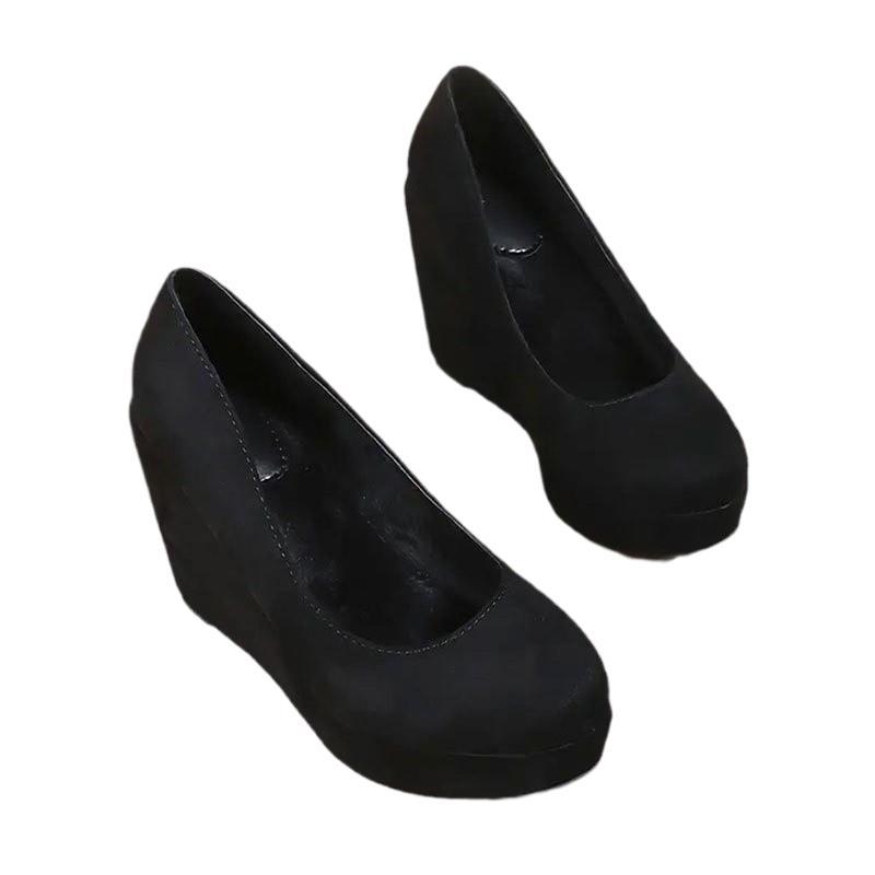 Moterų biuro bateliai su kašmyro-velouro viršutine dalimi, avies odos įdėklas, gumos padas, apvali nosis, klininė platforma