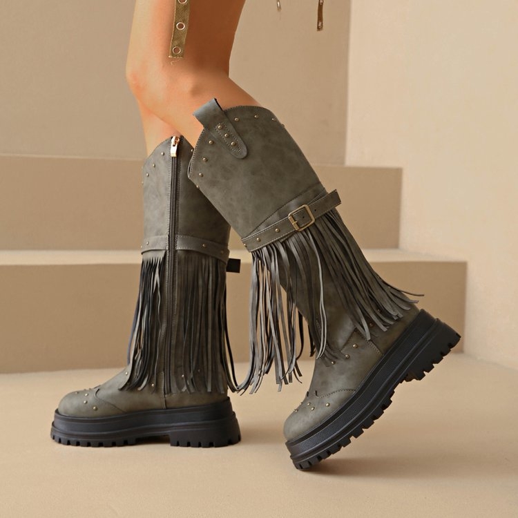 PU lovascsizma, magas szár, kerek orrú, 6-8 cm sarok, retro stílus