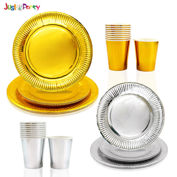 Jednorázové papierové taniere a poháre s motívom zlatého a strieborného lesku — papierový materiál, hrúbka 300 g, guľatý tvar, potlačené logo