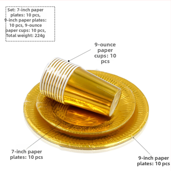 Jednorázové papierové taniere a poháre s motívom zlatého a strieborného lesku — papierový materiál, hrúbka 300 g, guľatý tvar, potlačené logo