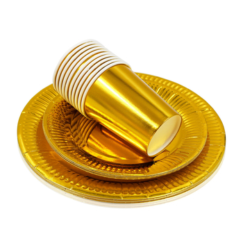 Jednorázové papierové taniere a poháre s motívom zlatého a strieborného lesku — papierový materiál, hrúbka 300 g, guľatý tvar, potlačené logo
