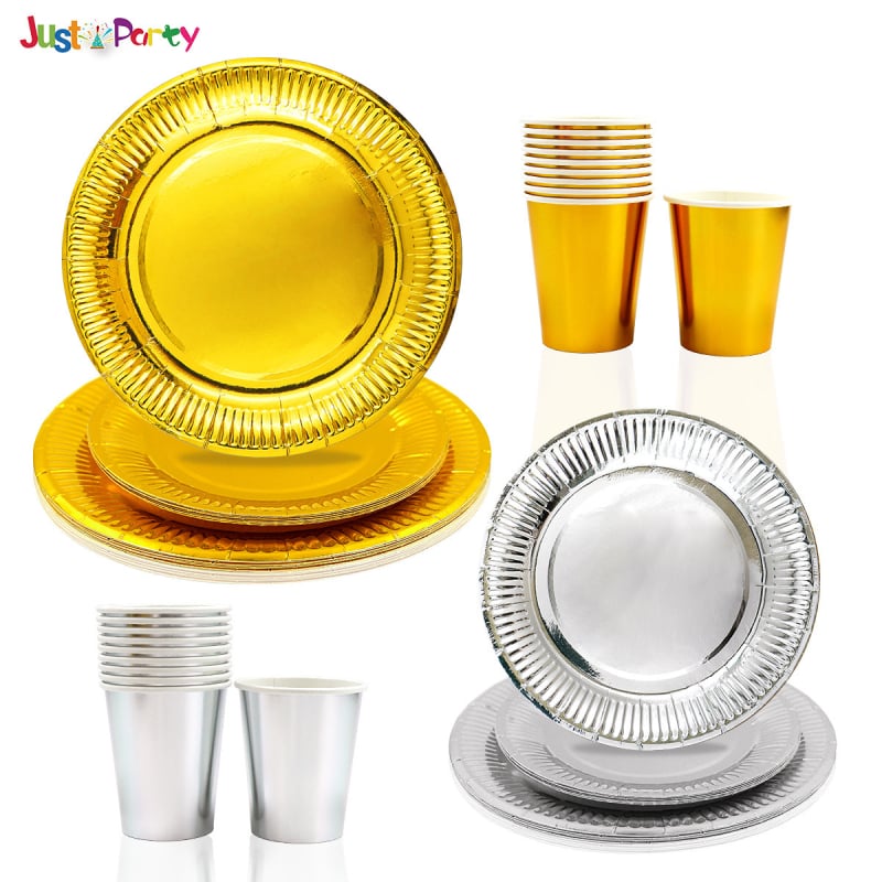 Jednorázové papierové taniere a poháre s motívom zlatého a strieborného lesku — papierový materiál, hrúbka 300 g, guľatý tvar, potlačené logo