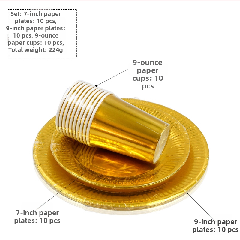Vienreizējās papīra šķīvji un krūzes ar zelta un sudraba rakstu — papīra materiāls, 300 g biezums, apaļš formāts, drukāts logotips