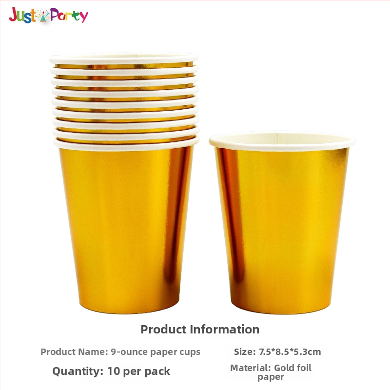 Jednorázové papierové taniere a poháre s motívom zlatého a strieborného lesku — papierový materiál, hrúbka 300 g, guľatý tvar, potlačené logo