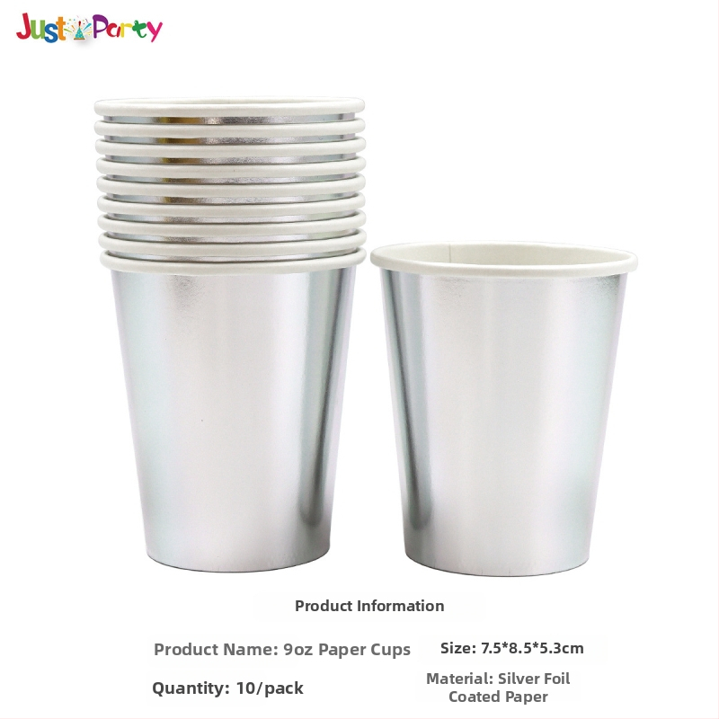 Jednorázové papierové taniere a poháre s motívom zlatého a strieborného lesku — papierový materiál, hrúbka 300 g, guľatý tvar, potlačené logo