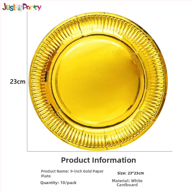 Jednorázové papierové taniere a poháre s motívom zlatého a strieborného lesku — papierový materiál, hrúbka 300 g, guľatý tvar, potlačené logo