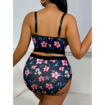 Moterų apatinių komplektas: liemenėlė ir kelnaitės su nėrinių gėlių raštu, polisteris, 3/4 puodelio, fiksuotos dvigubos petnešėlės, priekinis užsegimas kabliuku