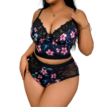 Moterų apatinių komplektas: liemenėlė ir kelnaitės su nėrinių gėlių raštu, polisteris, 3/4 puodelio, fiksuotos dvigubos petnešėlės, priekinis užsegimas kabliuku