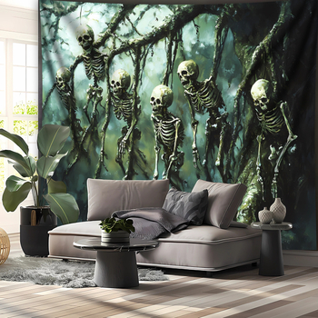 Nordický gotický gobelín s lebkou a stromom, 100% polyester, digitálna termotransfer tlač, pranie v práčke, do obývačky