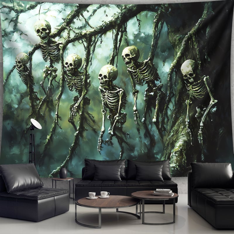 Nordický gotický gobelín s lebkou a stromom, 100% polyester, digitálna termotransfer tlač, pranie v práčke, do obývačky