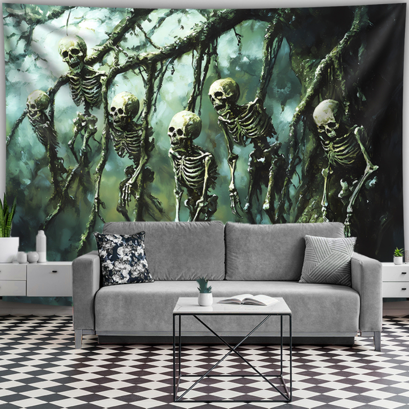Nordický gotický gobelín s lebkou a stromom, 100% polyester, digitálna termotransfer tlač, pranie v práčke, do obývačky