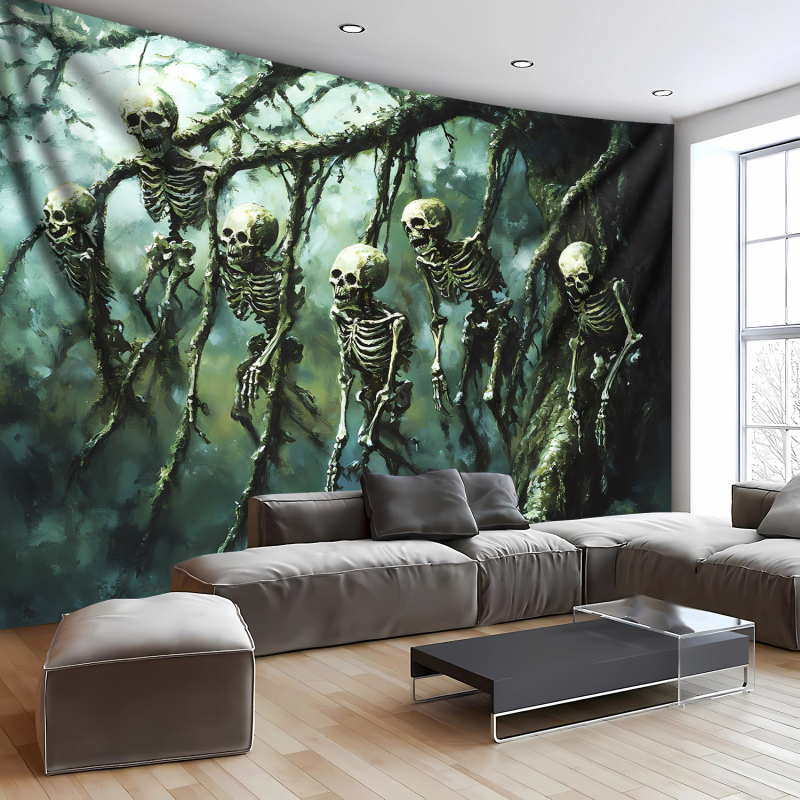 Nordický gotický gobelín s lebkou a stromom, 100% polyester, digitálna termotransfer tlač, pranie v práčke, do obývačky