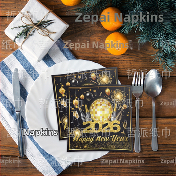 Party servítky – dvojvrstvové s motívom veniec a šampaňské k Novému roku, 20 listov, virgin celulóza, potlačené logo, prvotriedna kvalita