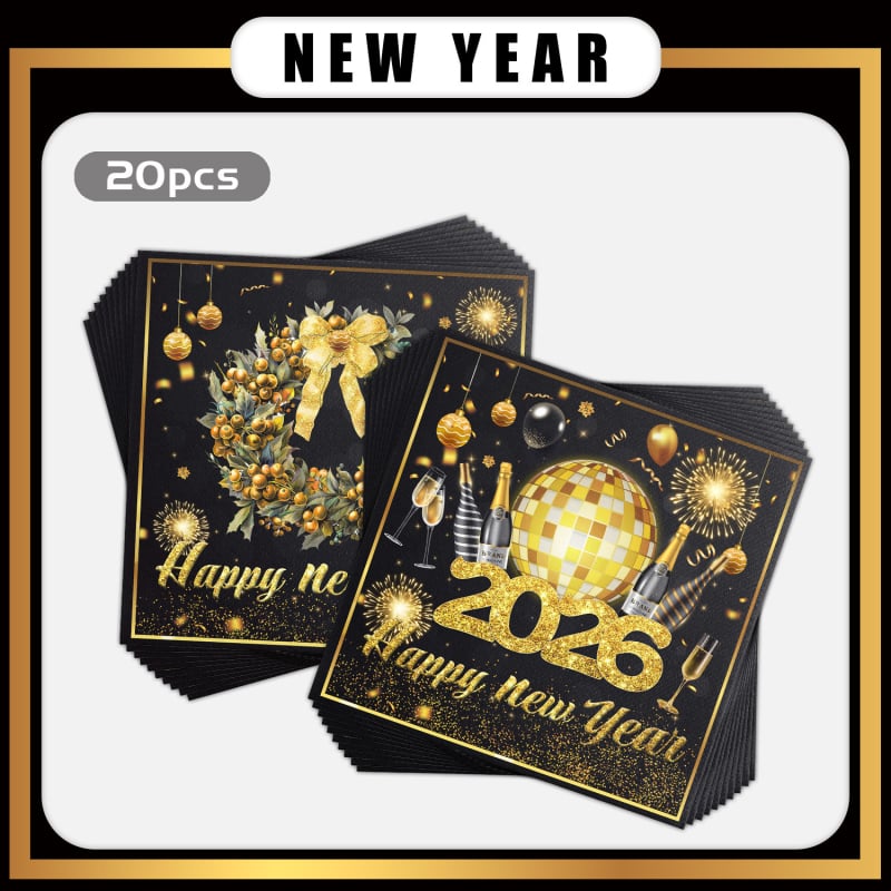 Party servítky – dvojvrstvové s motívom veniec a šampaňské k Novému roku, 20 listov, virgin celulóza, potlačené logo, prvotriedna kvalita