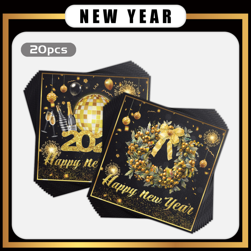 Party servítky – dvojvrstvové s motívom veniec a šampaňské k Novému roku, 20 listov, virgin celulóza, potlačené logo, prvotriedna kvalita