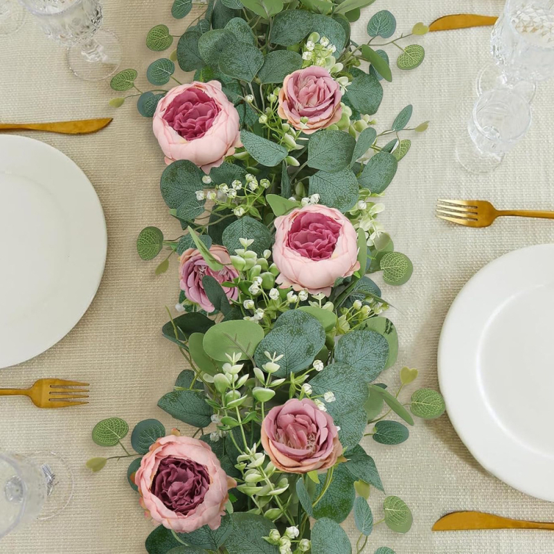 Umelá vínová liana s ružovým bujorom a drobnými kvetmi — ratán, čiastočne ručne a čiastočne mechanicky vyrobená, na dekoráciu, rekvizity na fotografovanie, domáce dekorácie