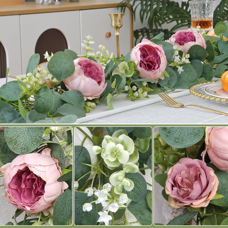 Umelá vínová liana s ružovým bujorom a drobnými kvetmi — ratán, čiastočne ručne a čiastočne mechanicky vyrobená, na dekoráciu, rekvizity na fotografovanie, domáce dekorácie