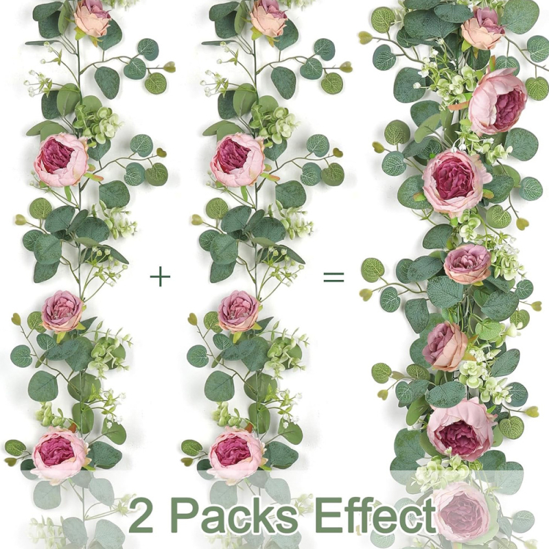 Umelá vínová liana s ružovým bujorom a drobnými kvetmi — ratán, čiastočne ručne a čiastočne mechanicky vyrobená, na dekoráciu, rekvizity na fotografovanie, domáce dekorácie