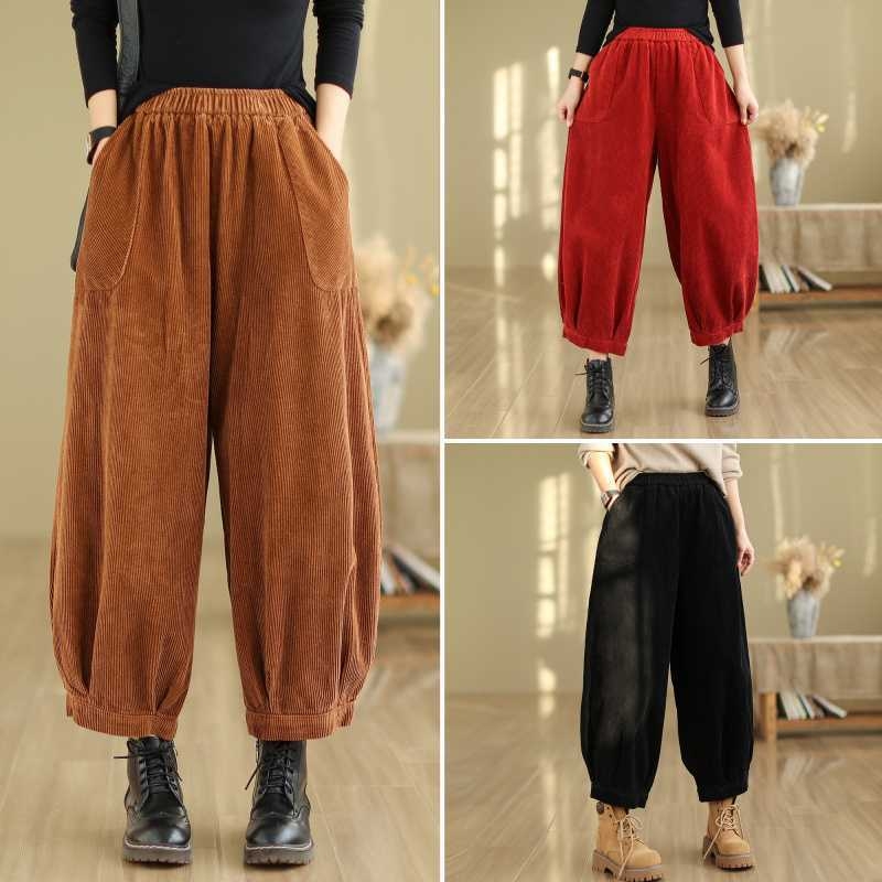 Lampášové nohavice z kordury s elastickým pásom, jeseň 2024, zmes bavlny a polyesteru (70-80% bavlna, <30% polyester), literárny retro štýl