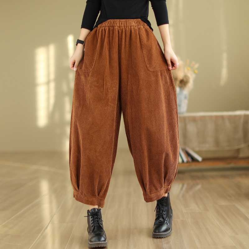 Lampášové nohavice z kordury s elastickým pásom, jeseň 2024, zmes bavlny a polyesteru (70-80% bavlna, <30% polyester), literárny retro štýl