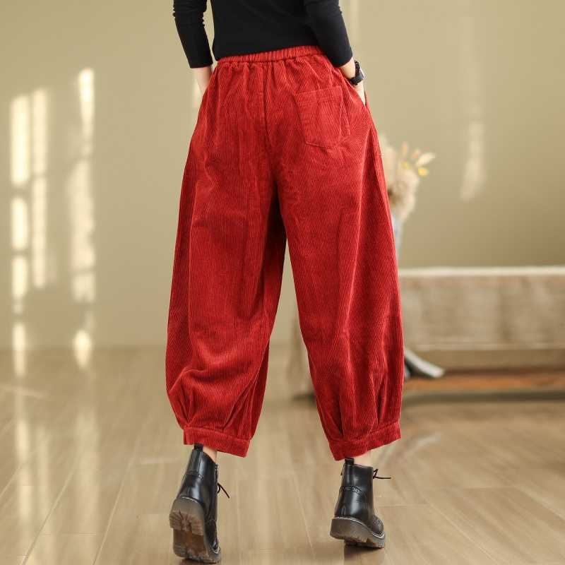 Lampášové nohavice z kordury s elastickým pásom, jeseň 2024, zmes bavlny a polyesteru (70-80% bavlna, <30% polyester), literárny retro štýl