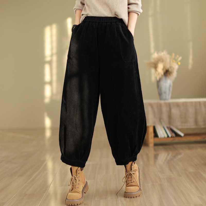 Lampášové nohavice z kordury s elastickým pásom, jeseň 2024, zmes bavlny a polyesteru (70-80% bavlna, <30% polyester), literárny retro štýl