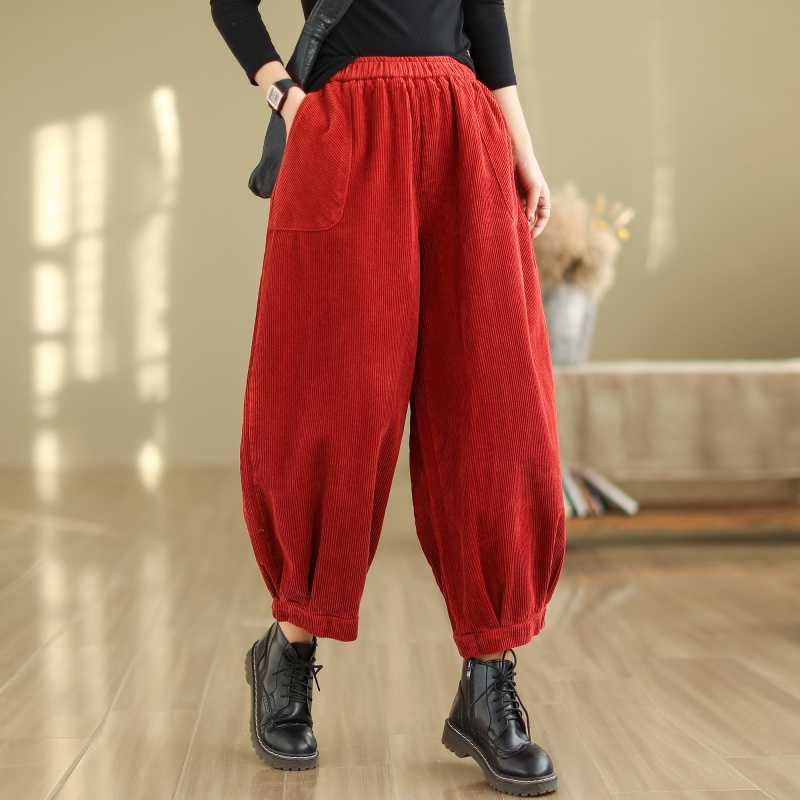 Lampášové nohavice z kordury s elastickým pásom, jeseň 2024, zmes bavlny a polyesteru (70-80% bavlna, <30% polyester), literárny retro štýl