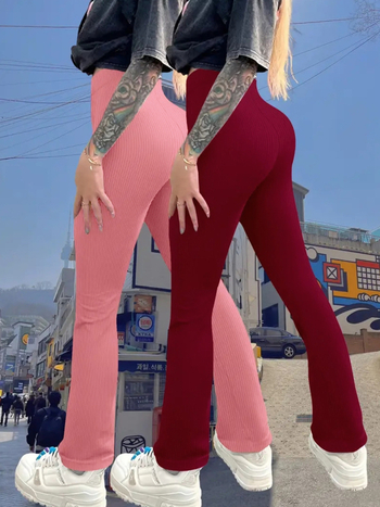 Γυναικείο σετ γιόγκα δύο τεμαχίων: εφαρμοστό παντελόνι καμπάνα και παντελόνι βάσης, πολυεστέρας με 95%+ σπάντεξ, ριγέ μοτίο