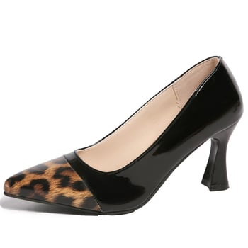 Női magassarkú cipő, leopárd patchwork mintázat, hegyes orr, PU felsőrész, 6–8 cm stiletto sarok, slip-on