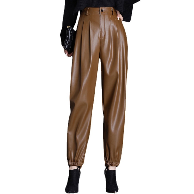 PU kožne hlače s visokim strukom, haremski kroj, podstavljene flisom, karot kroj, casual korejski stil