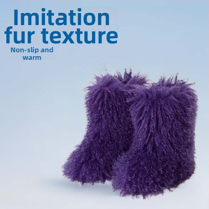 Moteriški žieminiai snieginiai batai, vidutinio aukščio viršus iš pliušo, dirbtinės kailio vidinė dalis, gumos pada, plokščias kulnas 3 cm