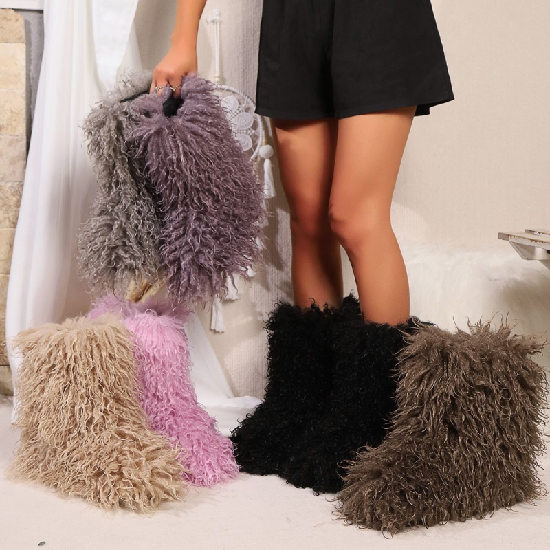 Moteriški žieminiai snieginiai batai, vidutinio aukščio viršus iš pliušo, dirbtinės kailio vidinė dalis, gumos pada, plokščias kulnas 3 cm