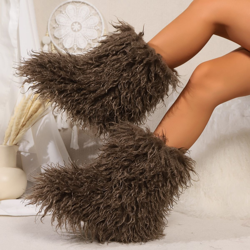 Moteriški žieminiai snieginiai batai, vidutinio aukščio viršus iš pliušo, dirbtinės kailio vidinė dalis, gumos pada, plokščias kulnas 3 cm