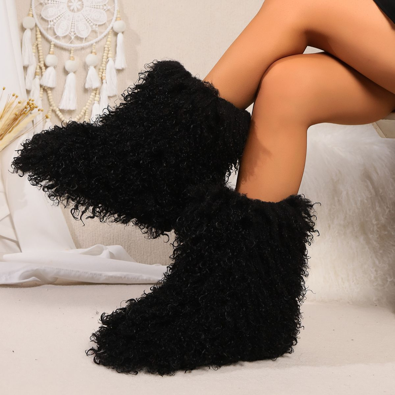 Moteriški žieminiai snieginiai batai, vidutinio aukščio viršus iš pliušo, dirbtinės kailio vidinė dalis, gumos pada, plokščias kulnas 3 cm